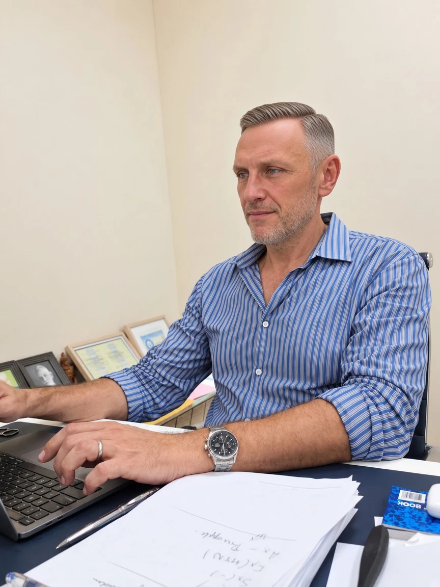 Dr Oleksandr Rakovets seated at his office desk